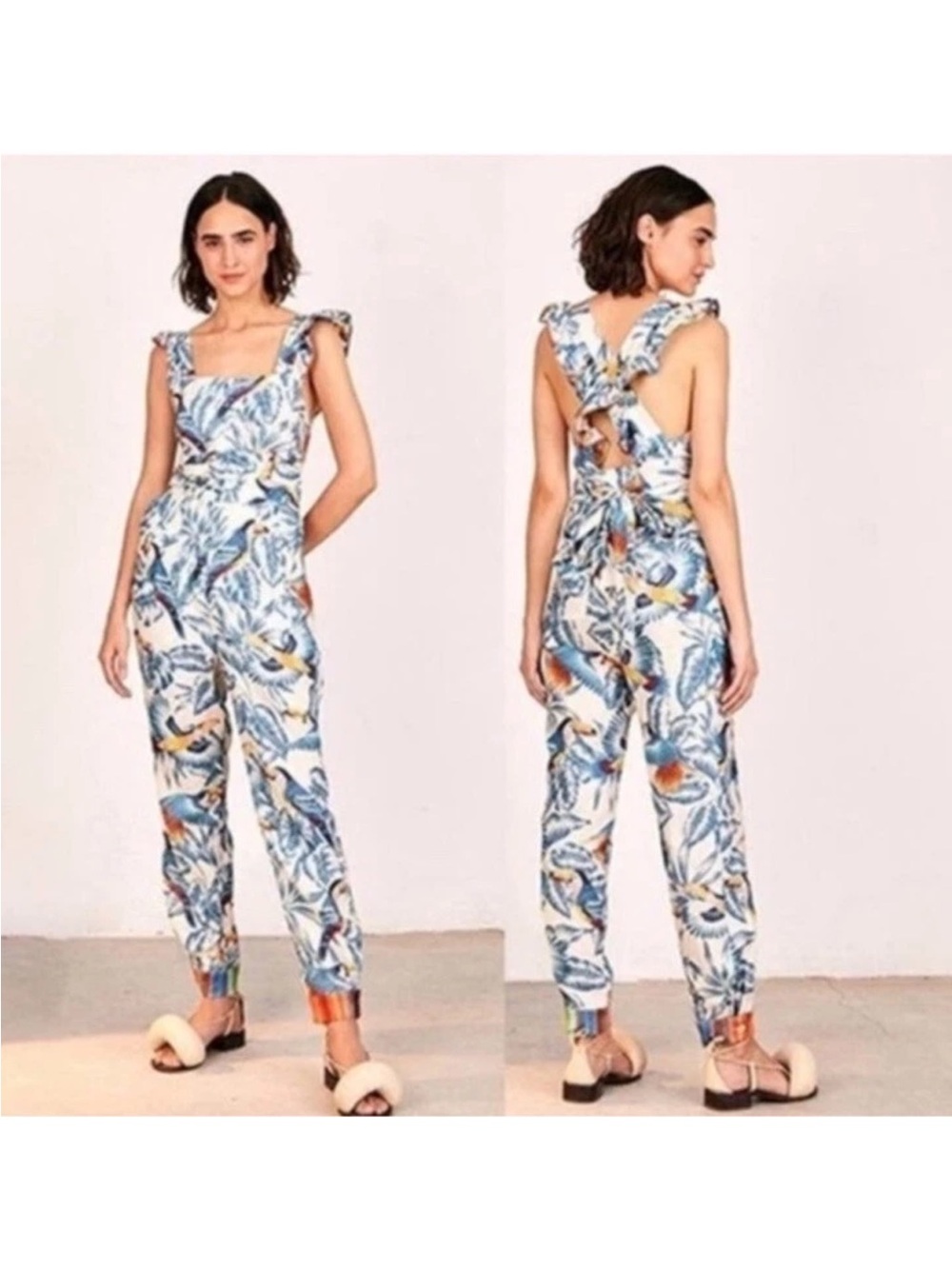 FARM Rio White Jumpsuit with Blue Tropical Toucan Print